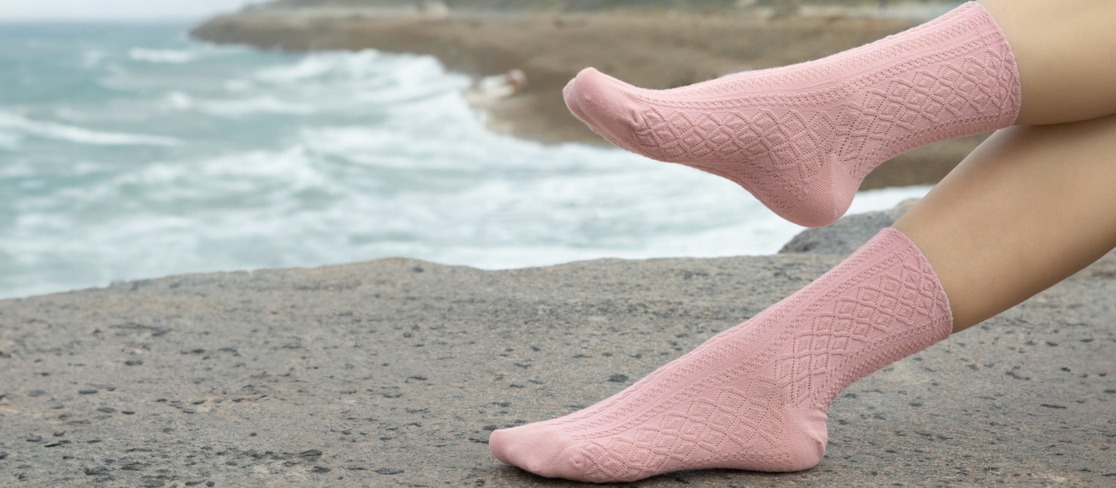 Women's Specialty Bamboo Socks Collection, Featuring Pink Cable-Knit Style Socks with Beach Background