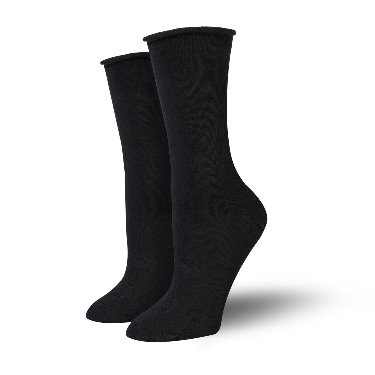 Black Roll-Top Women's Bamboo Crew Socks, Socks That Won't Cut Off Circulation