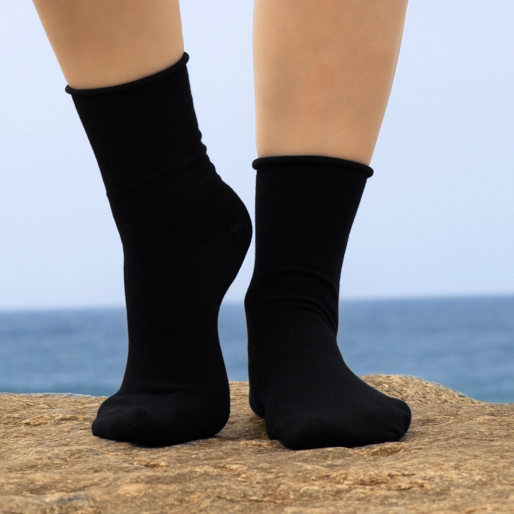 Black Roll-Top Women's Bamboo Crew Socks, Socks That Won't Cut Off Circulation