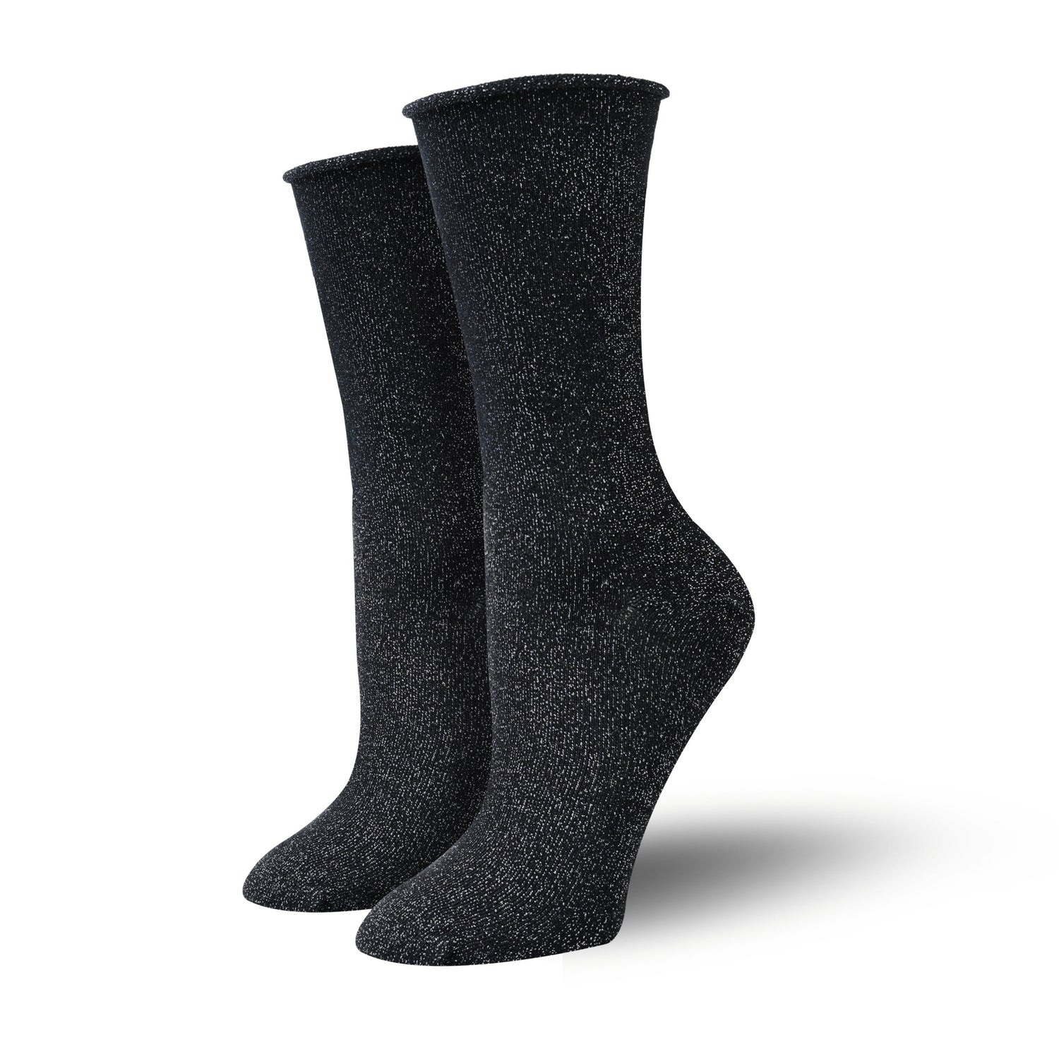 Black Roll-top Silver Sparkly Lurex Bamboo Socks for Women, Women's Silver Shimmer Roll Top Socks Made from Bamboo