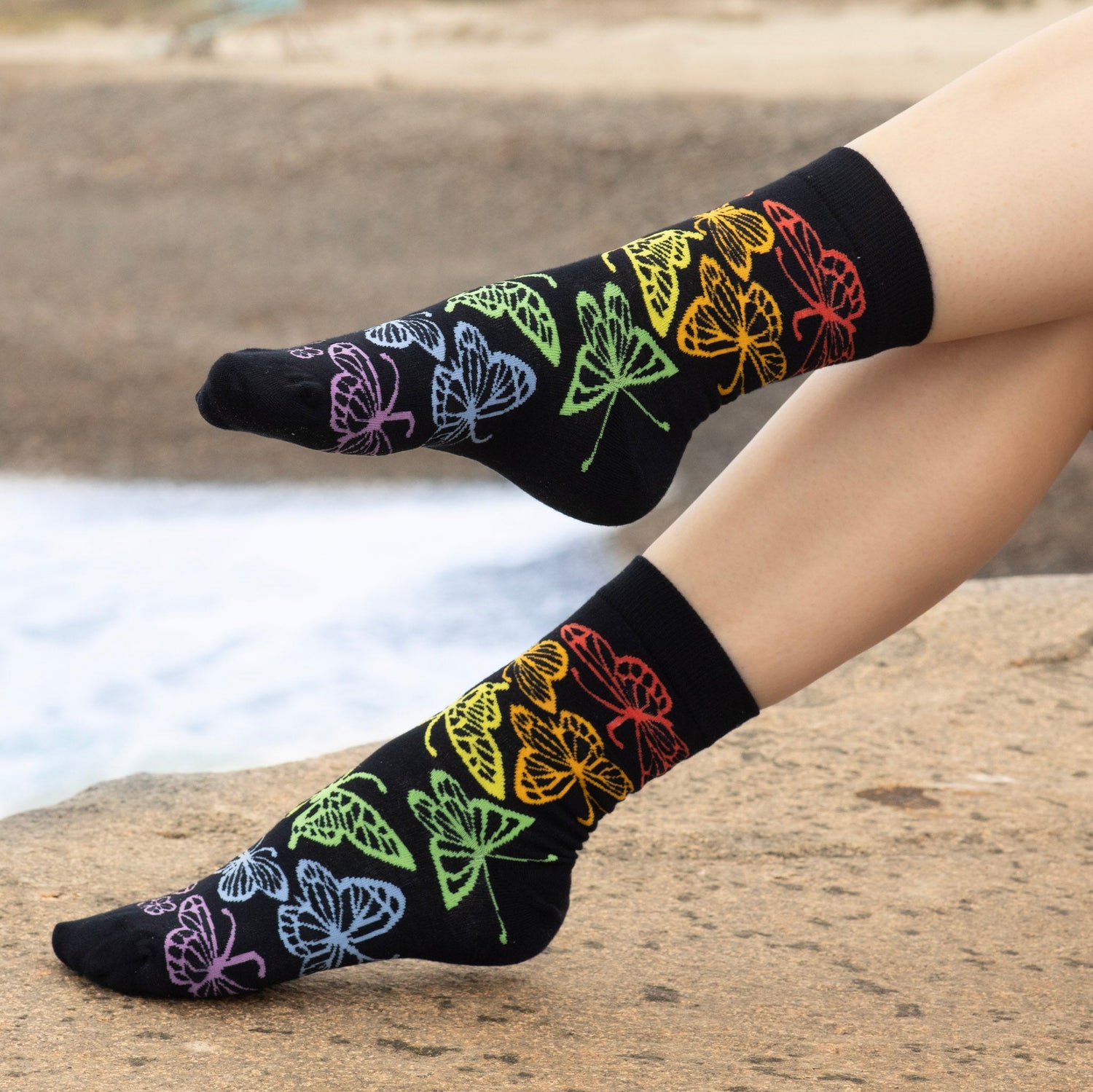 Rainbow Butterfly Women's Bamboo Socks, Colorful Bamboo Crew Socks for Women