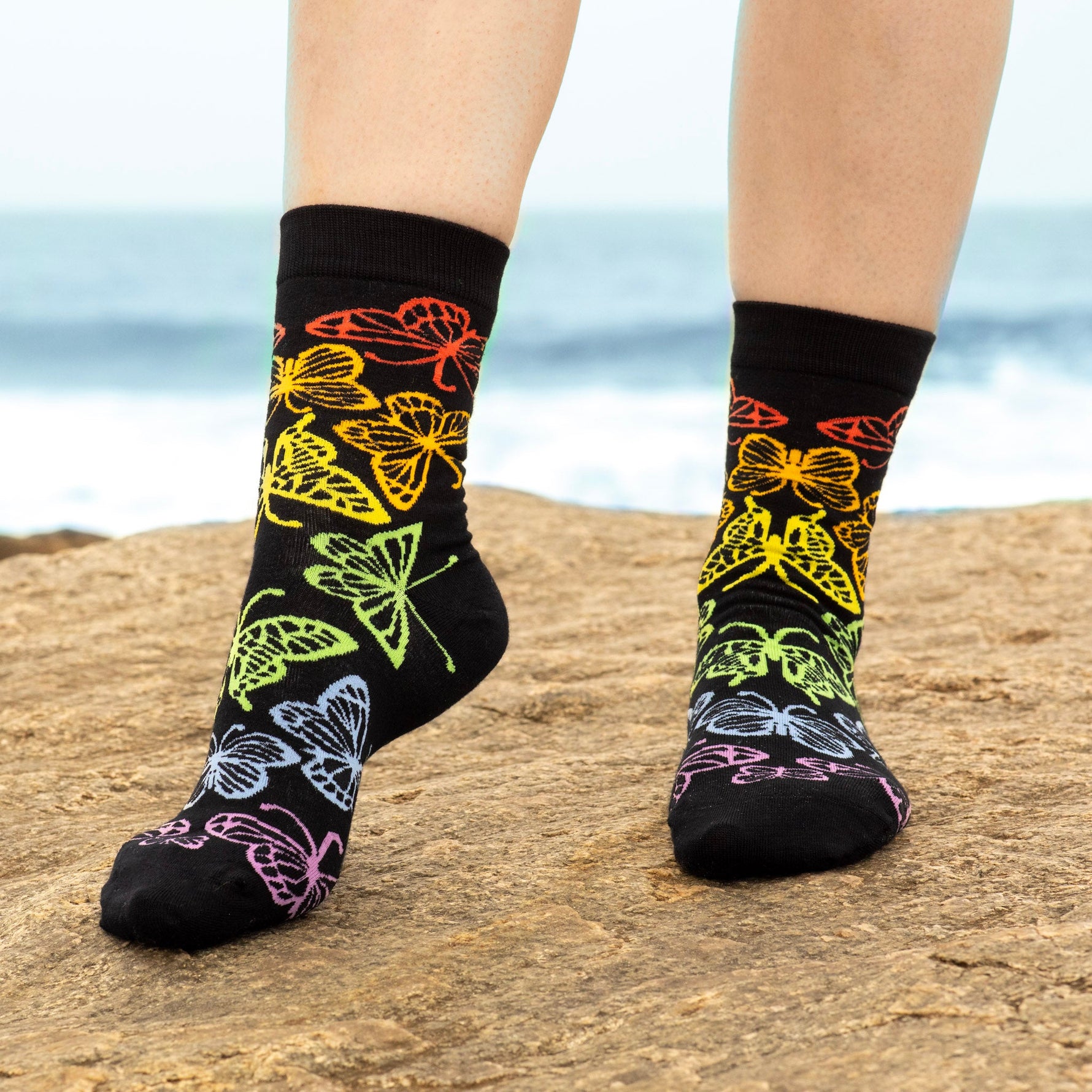 Rainbow Butterfly Women's Bamboo Socks, Colorful Bamboo Crew Socks for Women