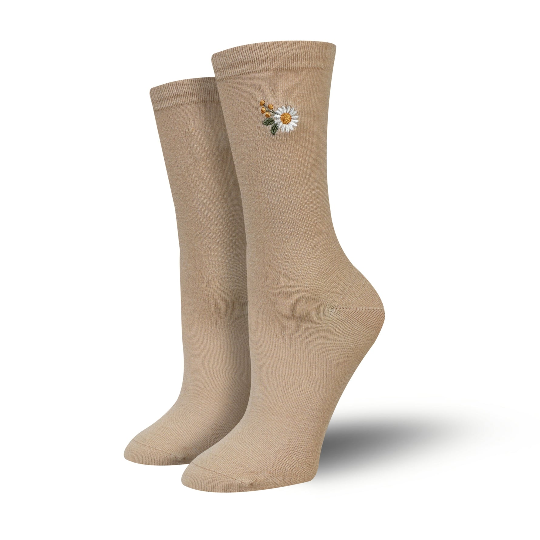 Daisy Embroidered Women's Bamboo Sock, Ladies Floral Tan Dainty Bamboo Sock