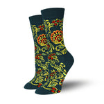 Green Flowers Ladies Bamboo Socks, Floral Bamboo Crew Socks for Women