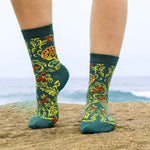 Green Flowers Ladies Bamboo Socks, Floral Bamboo Crew Socks for Women