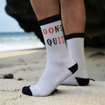 Bamboo Gym Socks for Men, "Don't Quit" White Bamboo Tube Socks for Men with Black Accents