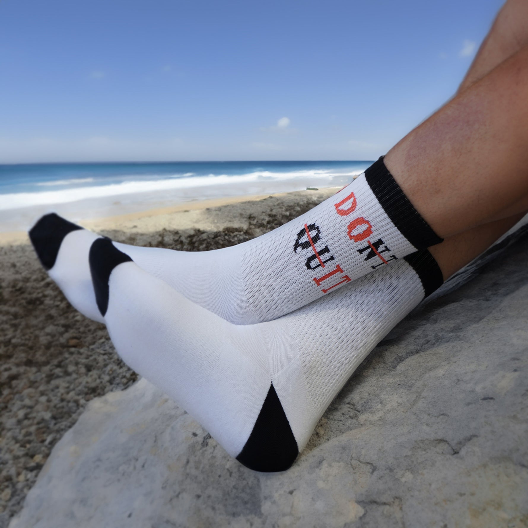 Bamboo Gym Socks for Men, "Don't Quit" White Bamboo Tube Socks for Men with Black Accents