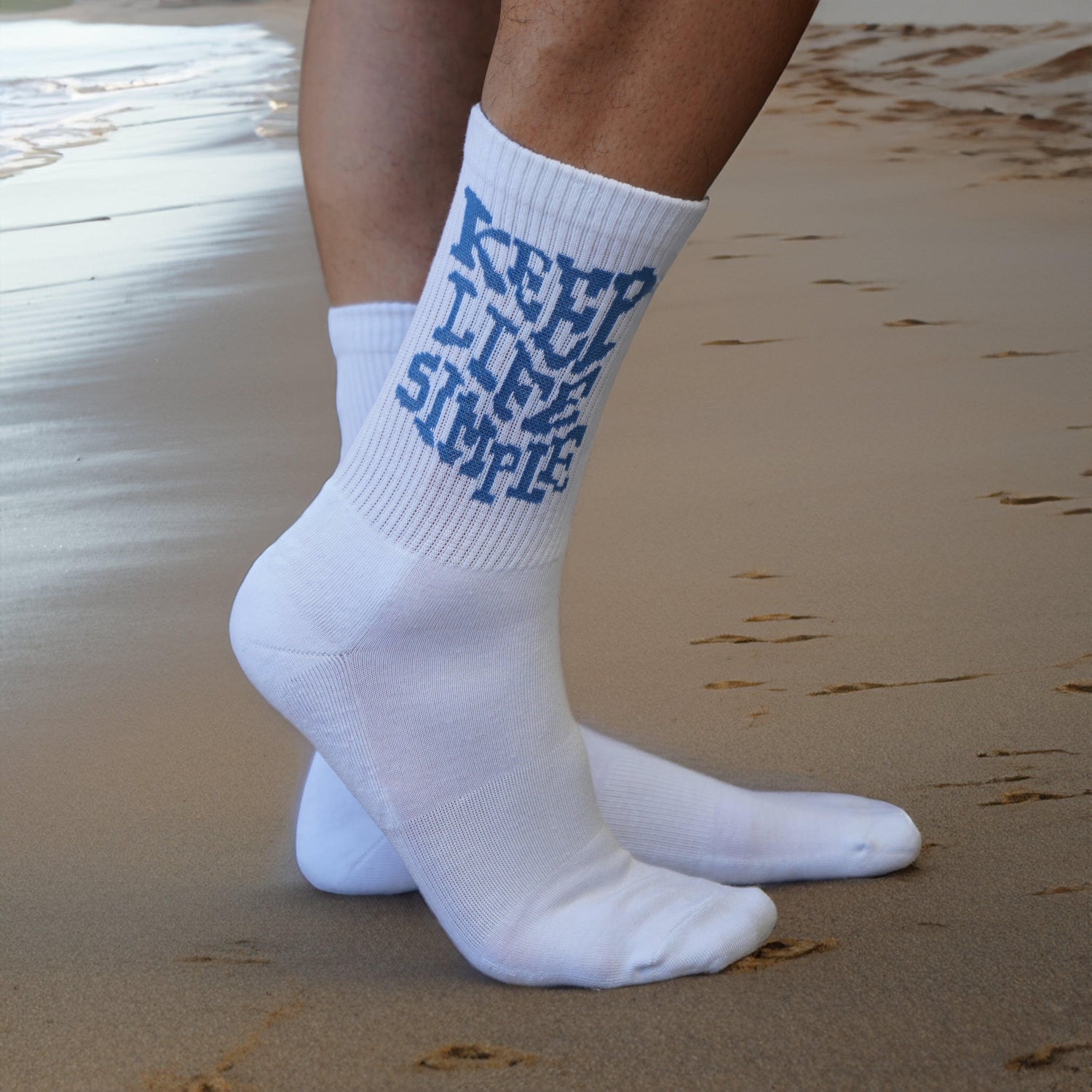 Men's White Tube Socks with Blue "Keep Life Simple" Text, Men's White Bamboo Crew Socks