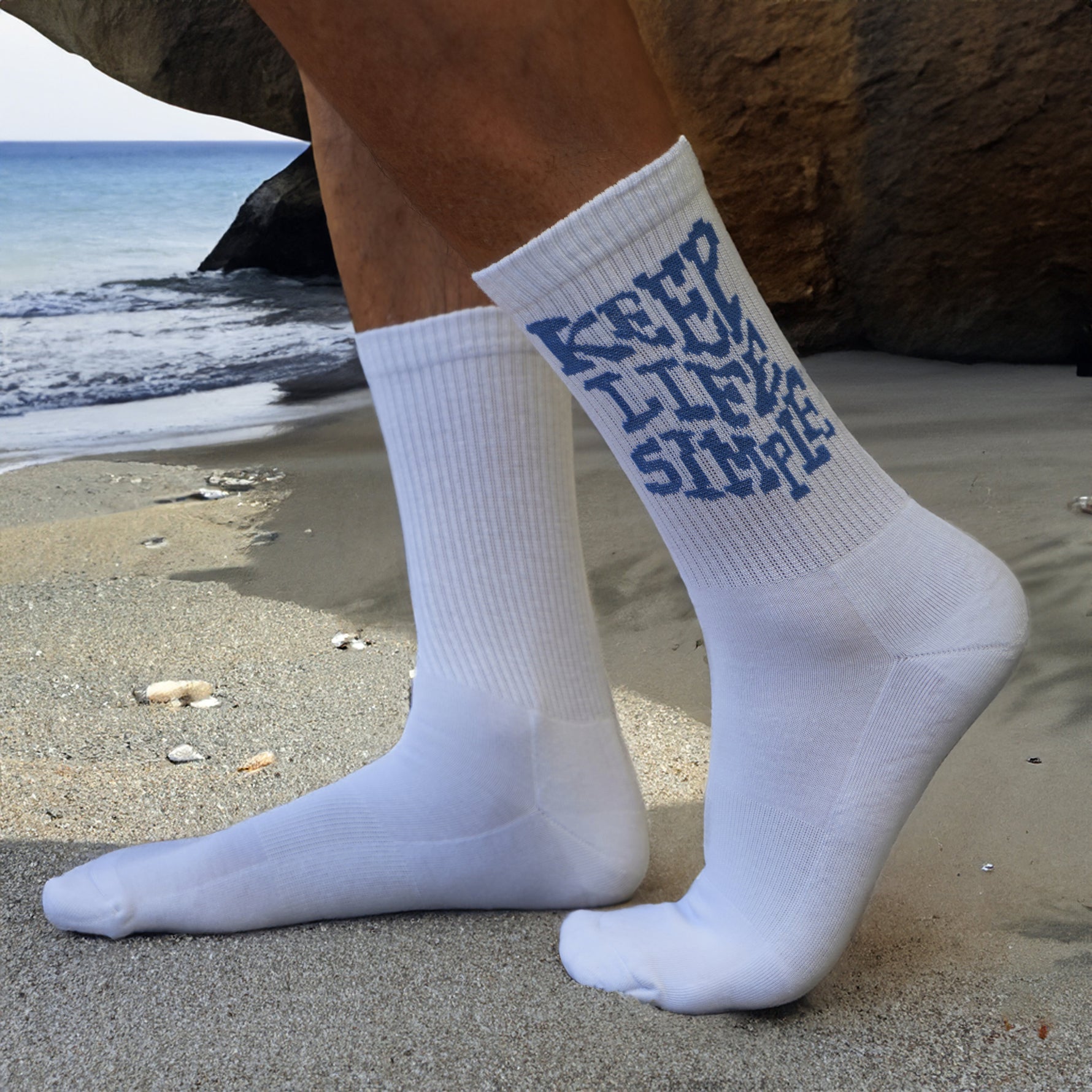 Men's White Tube Socks with Blue "Keep Life Simple" Text, Men's White Bamboo Crew Socks