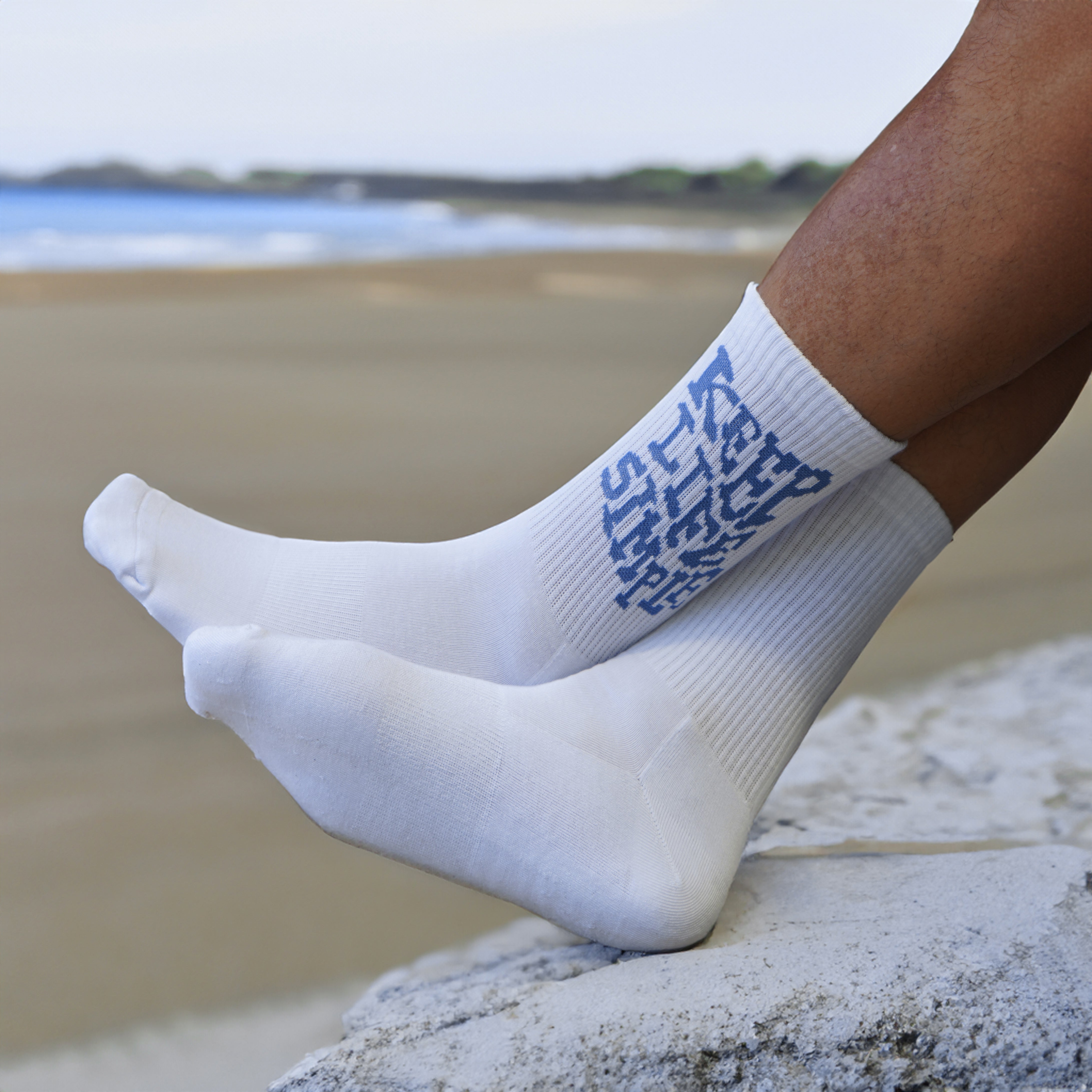 Men's White Tube Socks with Blue 