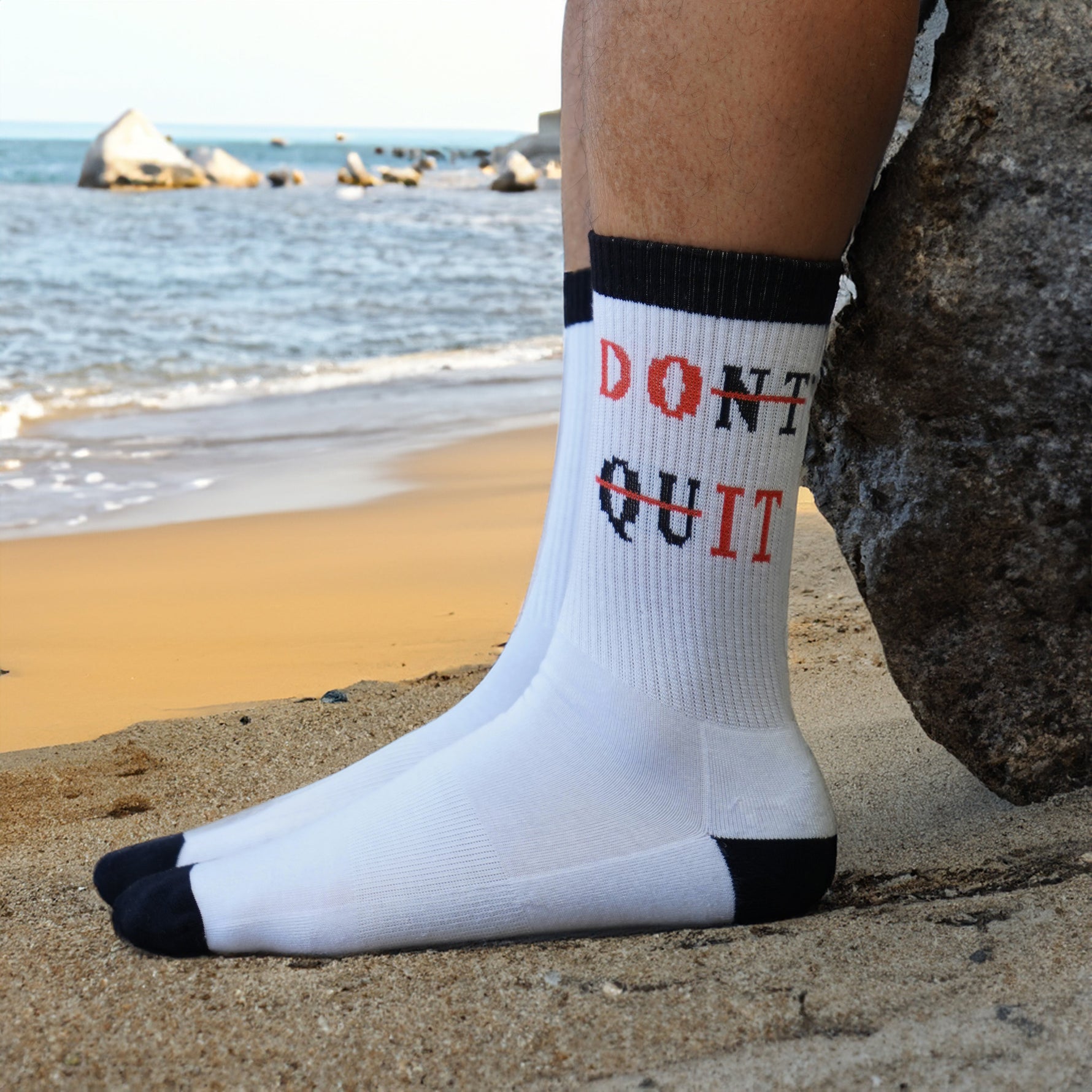 Bamboo Gym Socks for Men, "Don't Quit" White Bamboo Tube Socks for Men with Black Accents