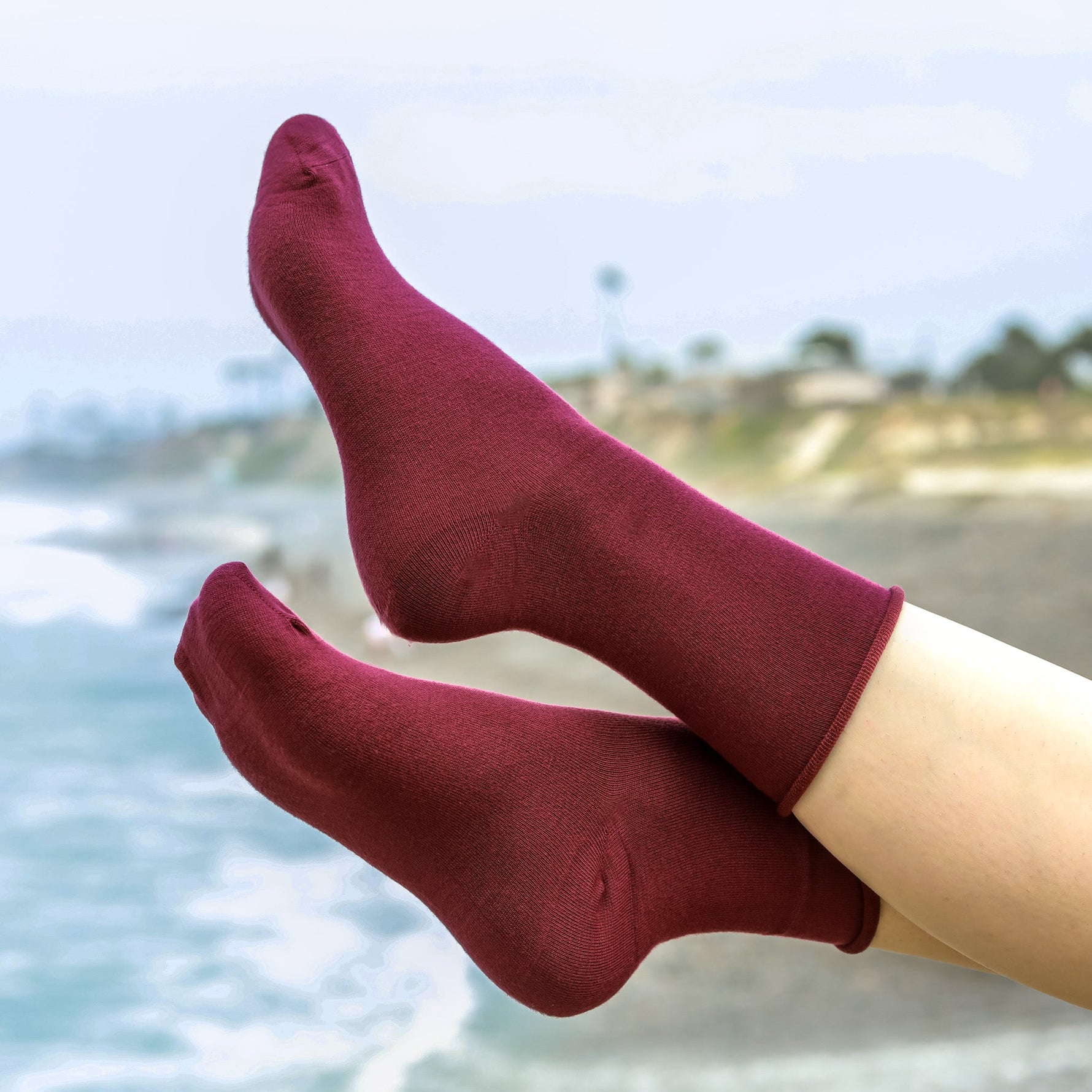 Red Roll-Top Women's Bamboo Crew Socks, Socks That Won't Cut Off Circulation