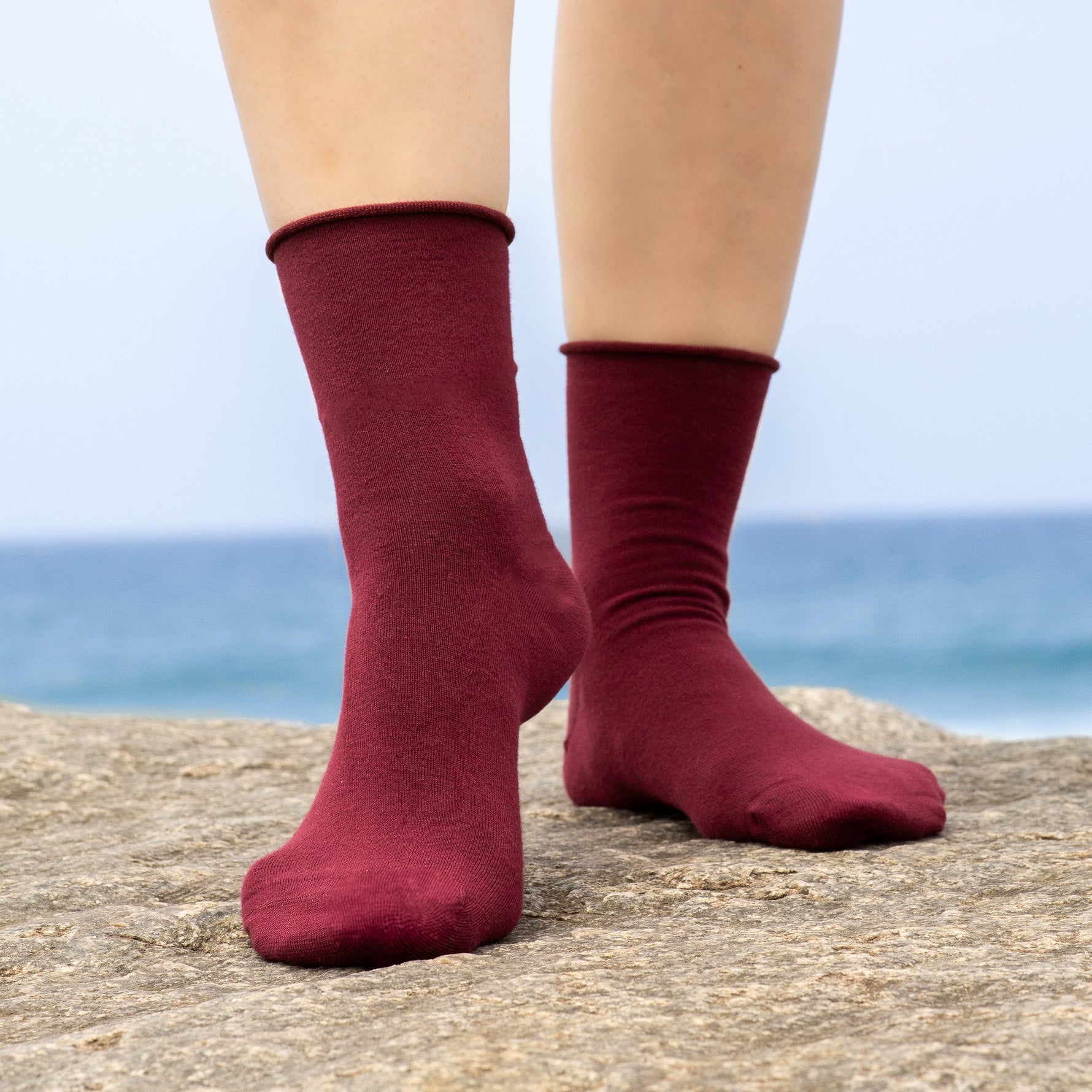 Red Roll-Top Women's Bamboo Crew Socks, Socks That Won't Cut Off Circulation