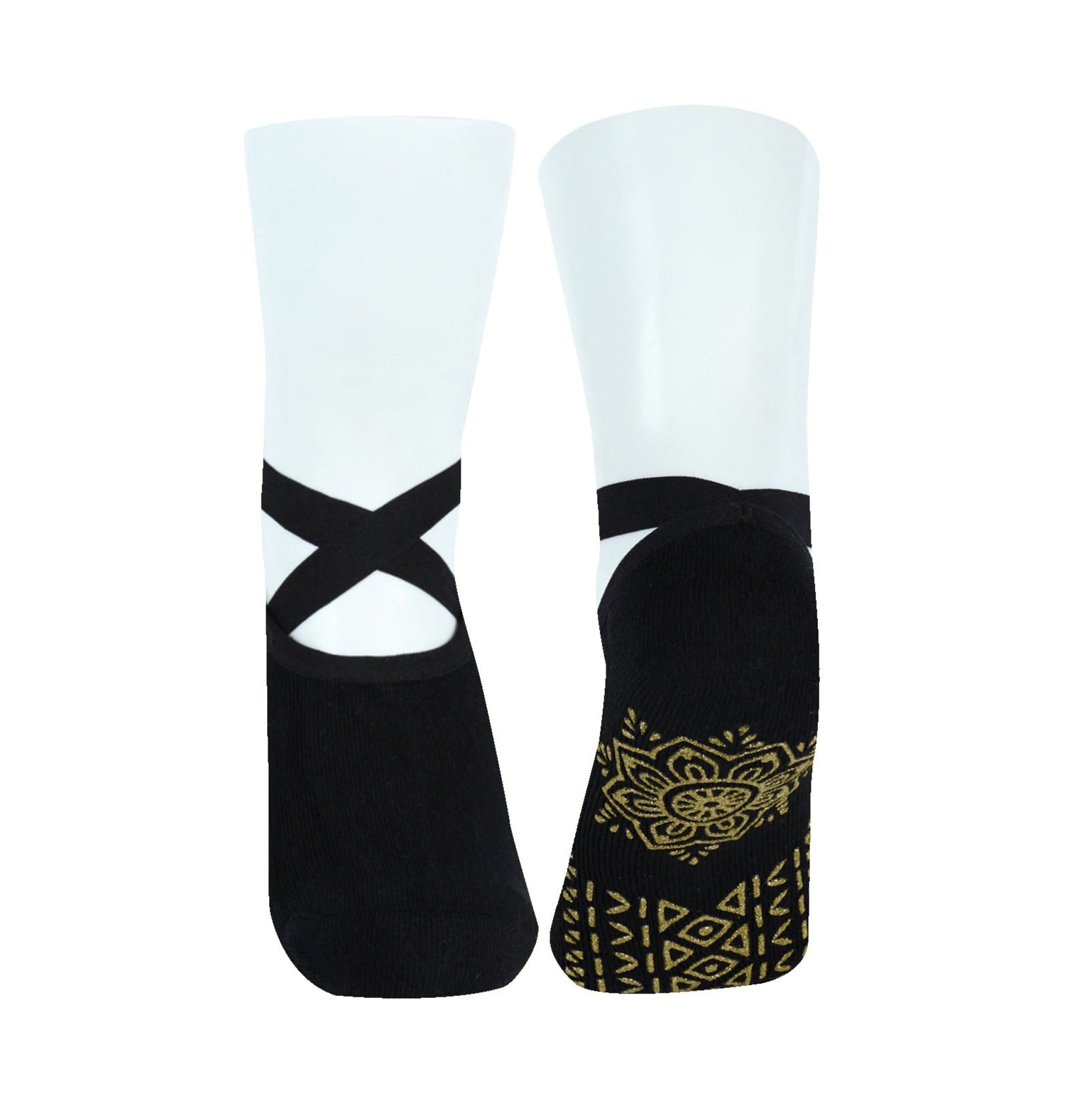 Black Bamboo Pilates Socks with Grips for Women, Women's Bamboo Pilates Socks With Criss Cross Tops and Glitter Gold Grips