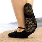 Black Bamboo Pilates Socks with Grips for Women, Women's Bamboo Pilates Socks With Criss Cross Tops and Glitter Gold Grips